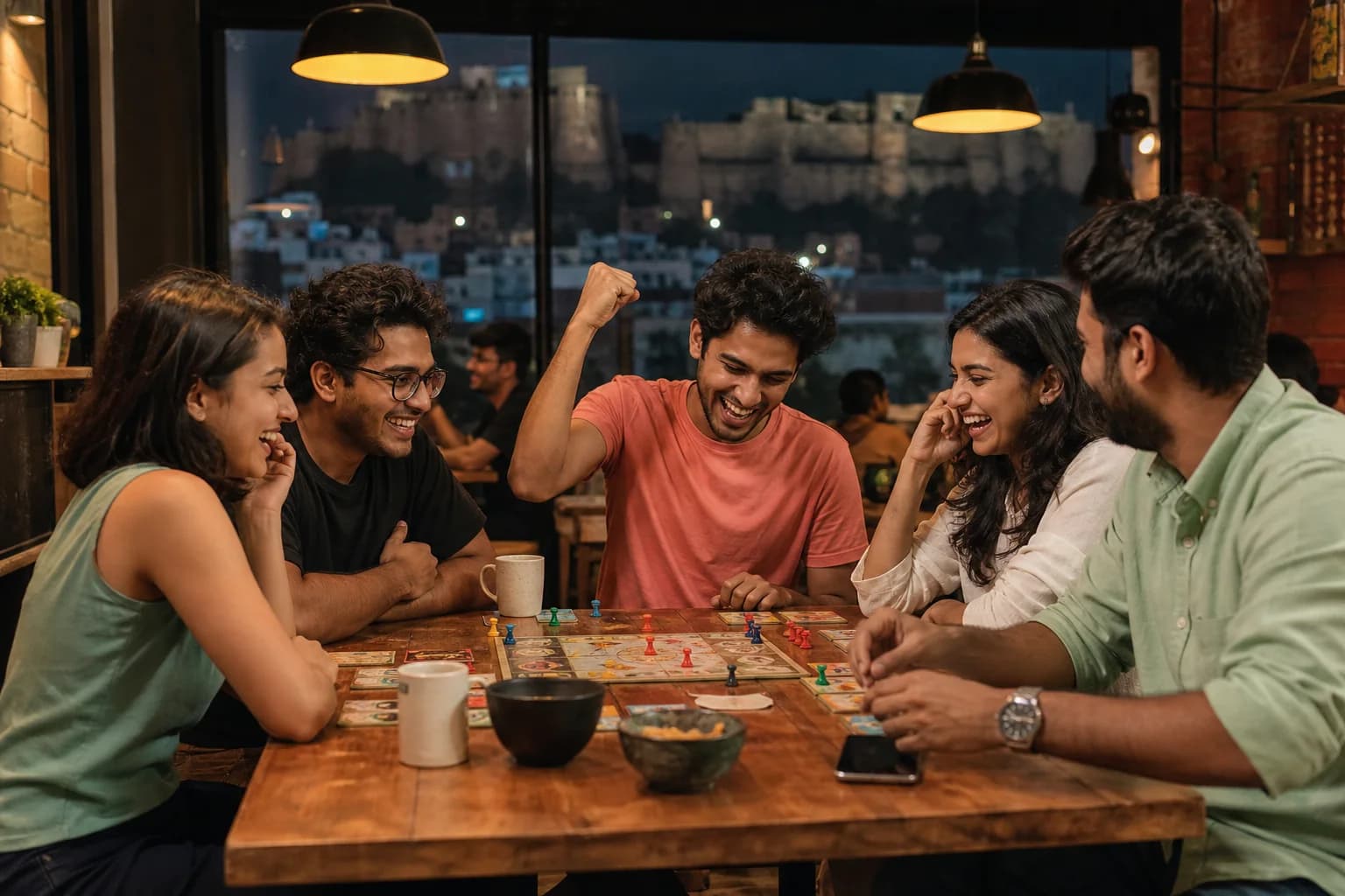 A small group enjoying a board game at a cafe