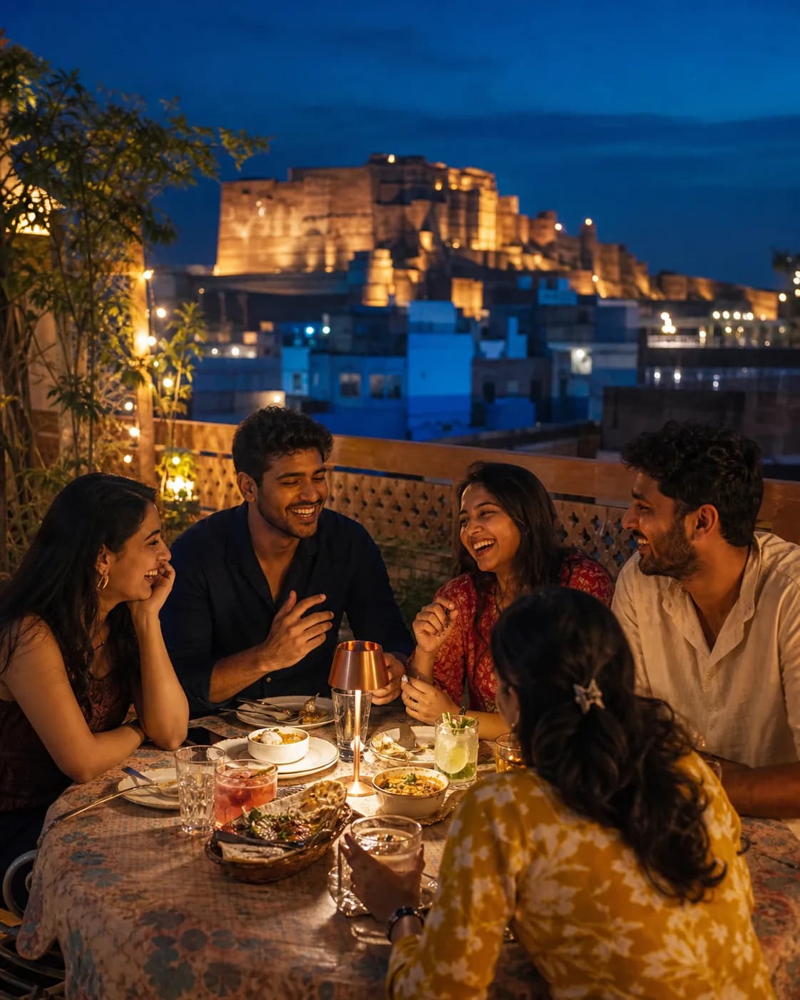 A group sharing dinner on a Jodhpur rooftop