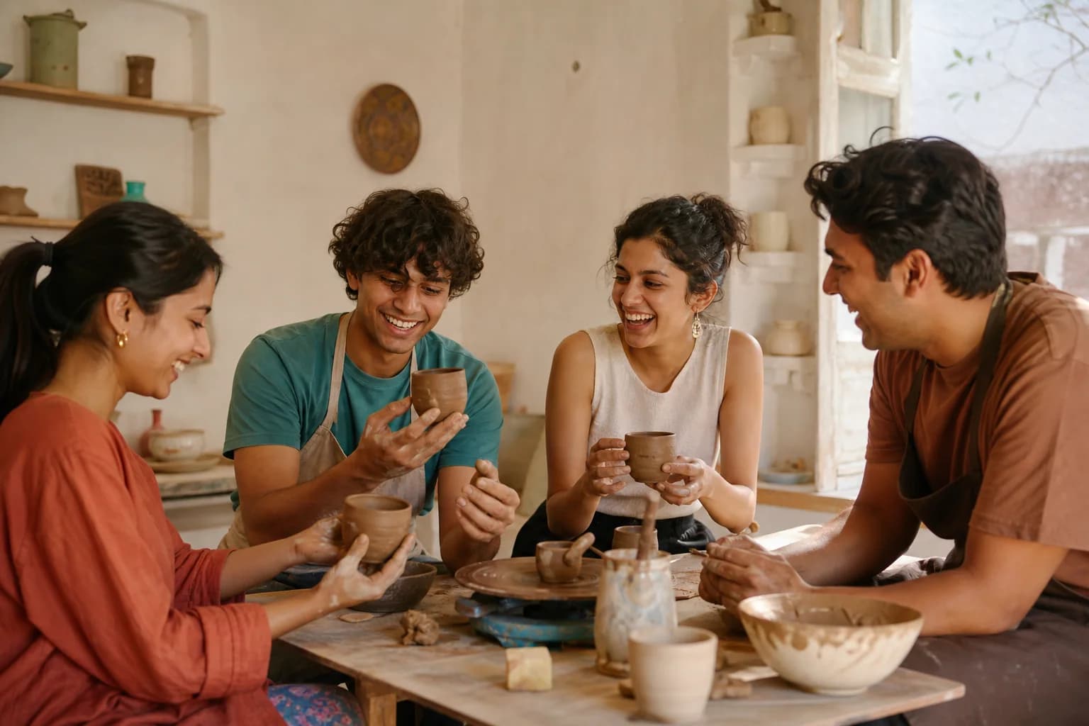 Four people laughing together at a pottery workshop